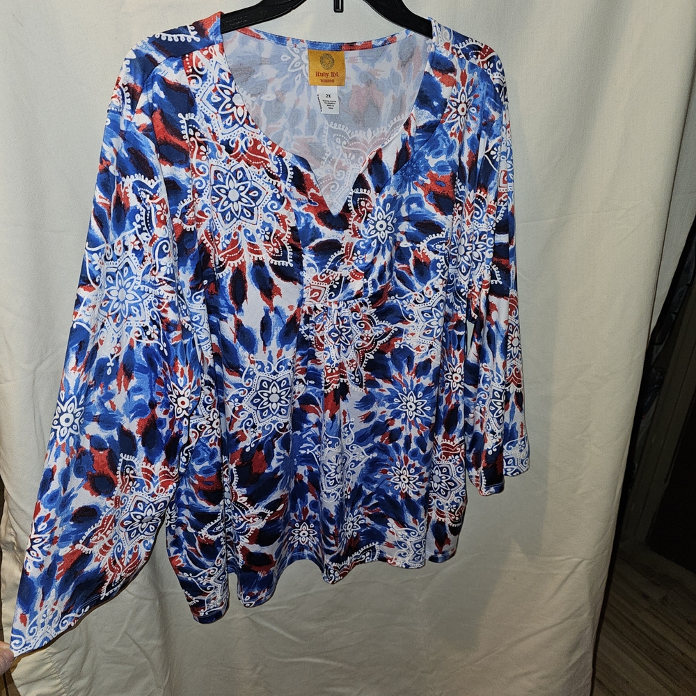 Ruby Rd. Blue And Red Patterned Blouse - image 4